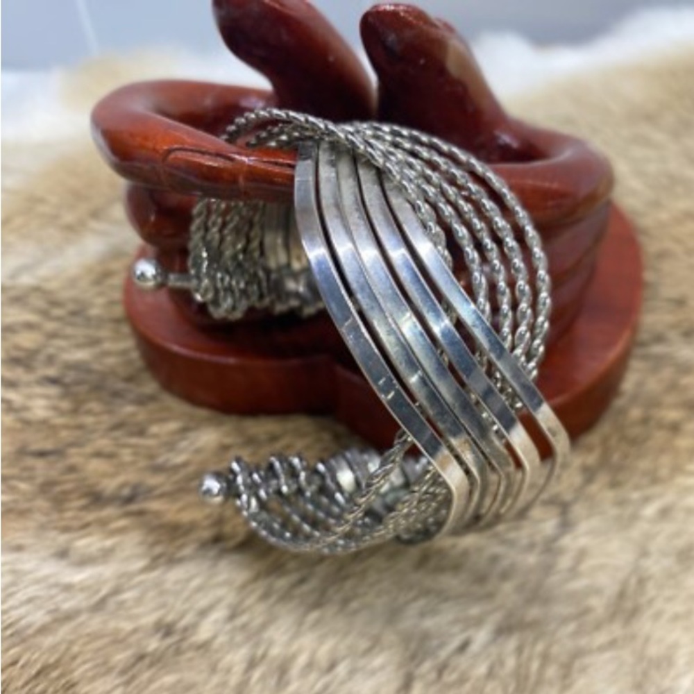 Vintage Interlocking Cuff Bracelet, Ten Strand Silver Tone Braided Cuff